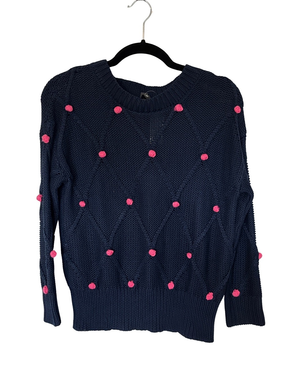 222. Francesca's ALYA Navy Crewneck Sweater with Pink Pom Poms Oversized XS NEW